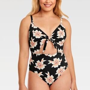 Beach Betty by Miracle Brands Black Floral One Piece Cut Out Swimsuit SZ Small
